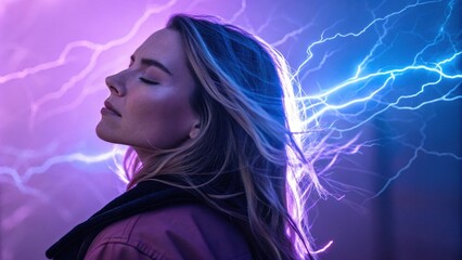 A captivating image of a woman with a soft focus her features gently obscured but illuminated by striking violet and electric blue trails that shimmer and pulse in the backdrop.