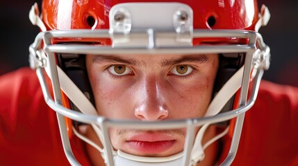 Intense Young Male Football Player Wearing Helmet and Uniform, Focused Expression as He Prepares for Action on the Field During a Game or Practice Session