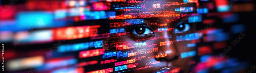 Aufkleber abstract digital art featuring a close-up of a human face surrounded by colorful data streams repres