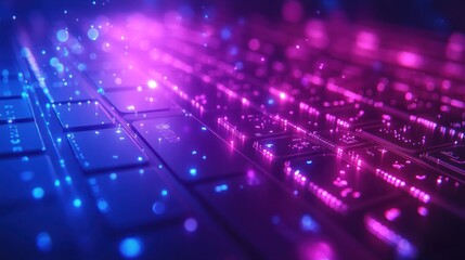 Obraz premium Close up of a glowing computer keyboard with pink and blue lights.