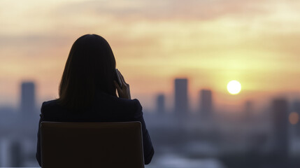 professional woman on phone call, silhouetted against sunset