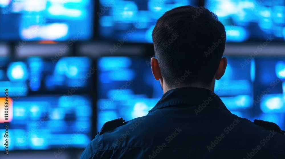 Poster individual observing multiple screens in a control room setting, focused on data analysis, technolog