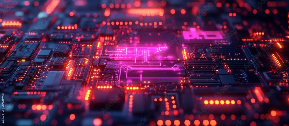 Poster close-up view of a circuit board with glowing pink and red lights, futuristic technology concept.