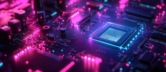 Obraz premium Close up of a circuit board with a glowing CPU, pink and blue neon lights, abstract background.