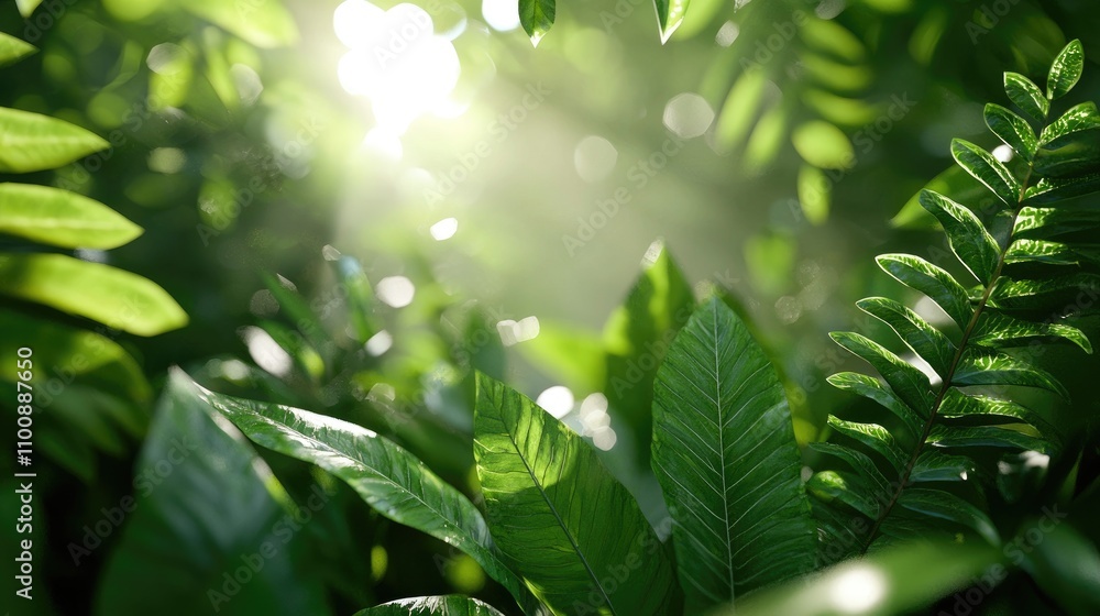 Poster lush green foliage illuminated by sunlight, creating a tranquil and refreshing nature scene in a den