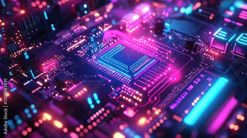 Poster a close-up view of a glowing circuit board with a central processor chip.