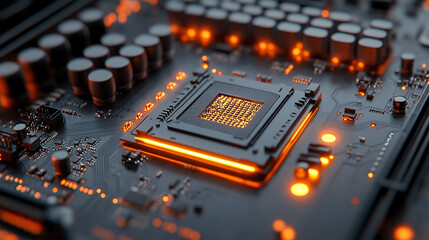 central computer processor, symbolizing the core of digital technology, with microchips and motherboard elements showing connectivity and complexity in modern computing