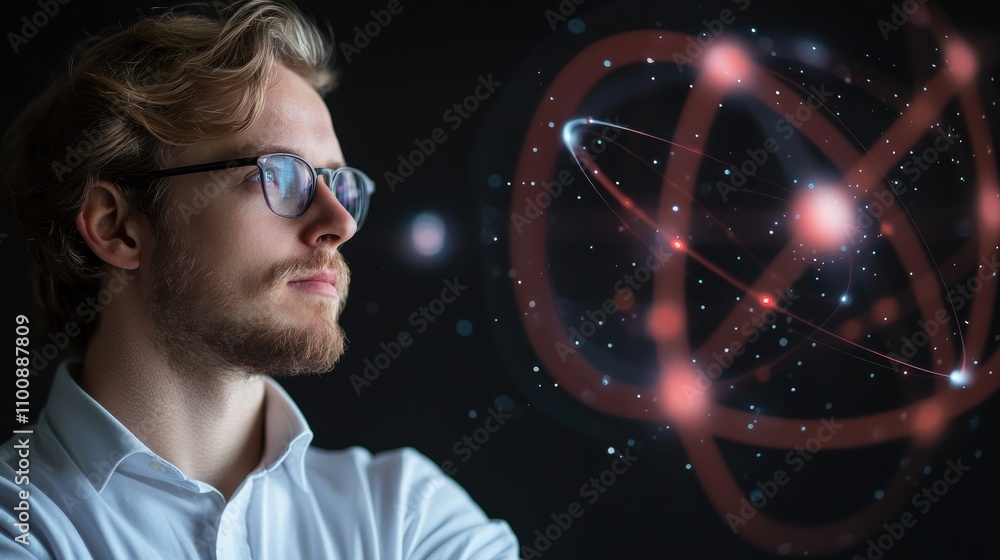 Poster thoughtful man with glasses gazing into the future, surrounded by abstract representations of atoms 