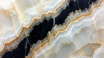 Fototapeta premium A close-up of a beautiful layered stone, featuring white, black, and gold striations, showcasing natural patterns and textures.