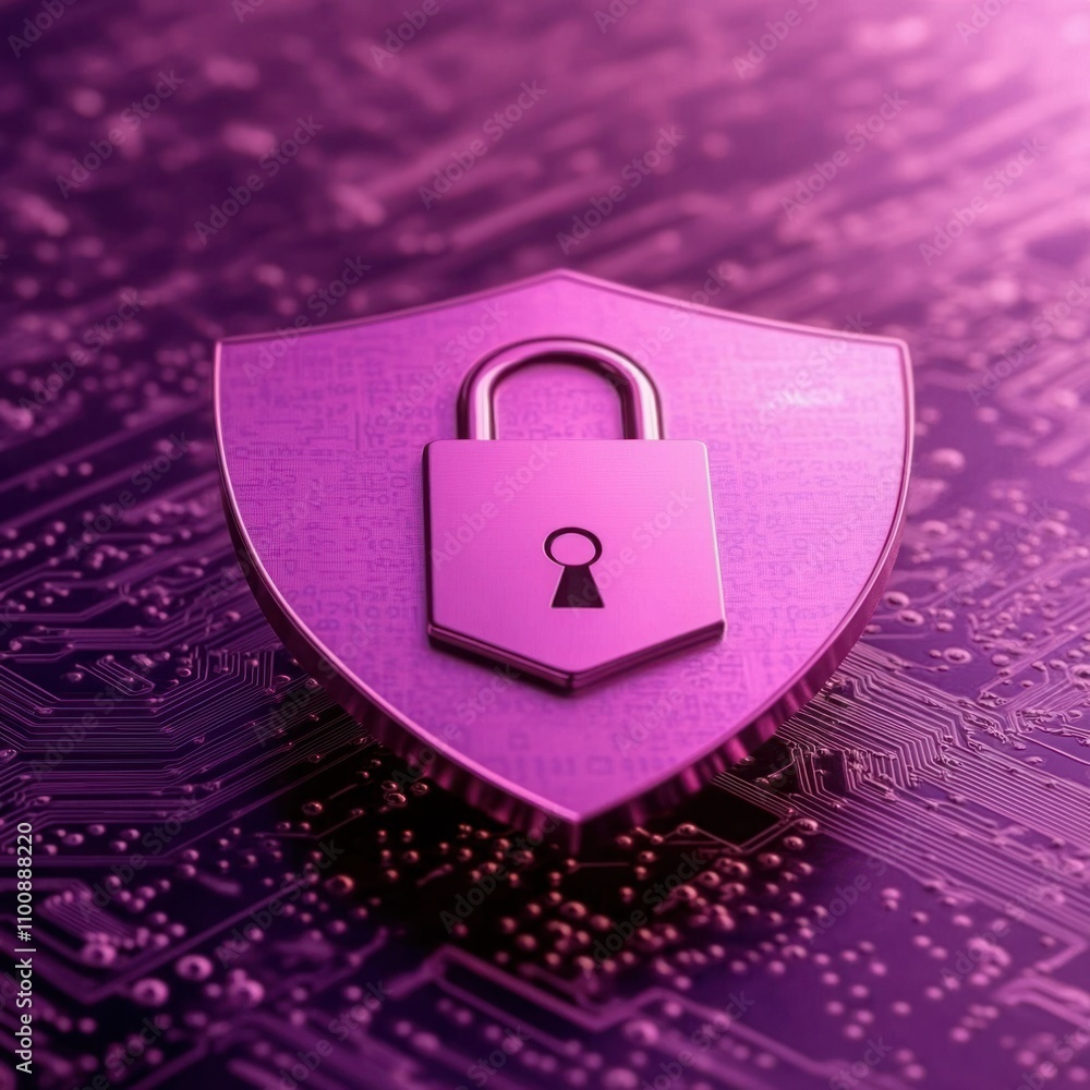 Poster digital security concept with a pink shield and padlock symbolizing cyber protection against data br