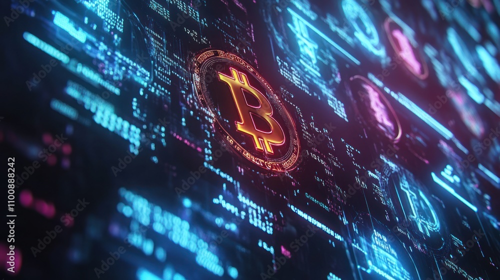 Poster a glowing bitcoin symbol is displayed on a digital background with blue and pink lights and data str