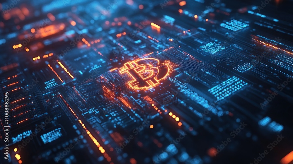 Poster a glowing bitcoin symbol sits on a circuit board, surrounded by digital lines of code.
