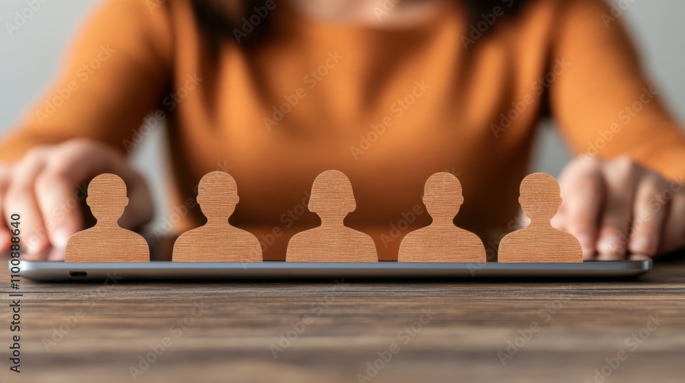 Poster creative representation of teamwork and collaboration with wooden figures on a tablet, symbolizing s