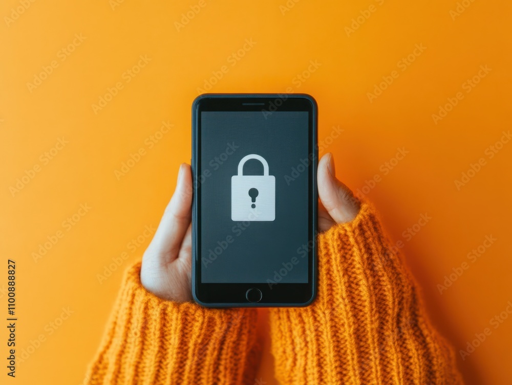 Poster hands holding a smartphone displaying a locked screen symbol on an orange background, representing t