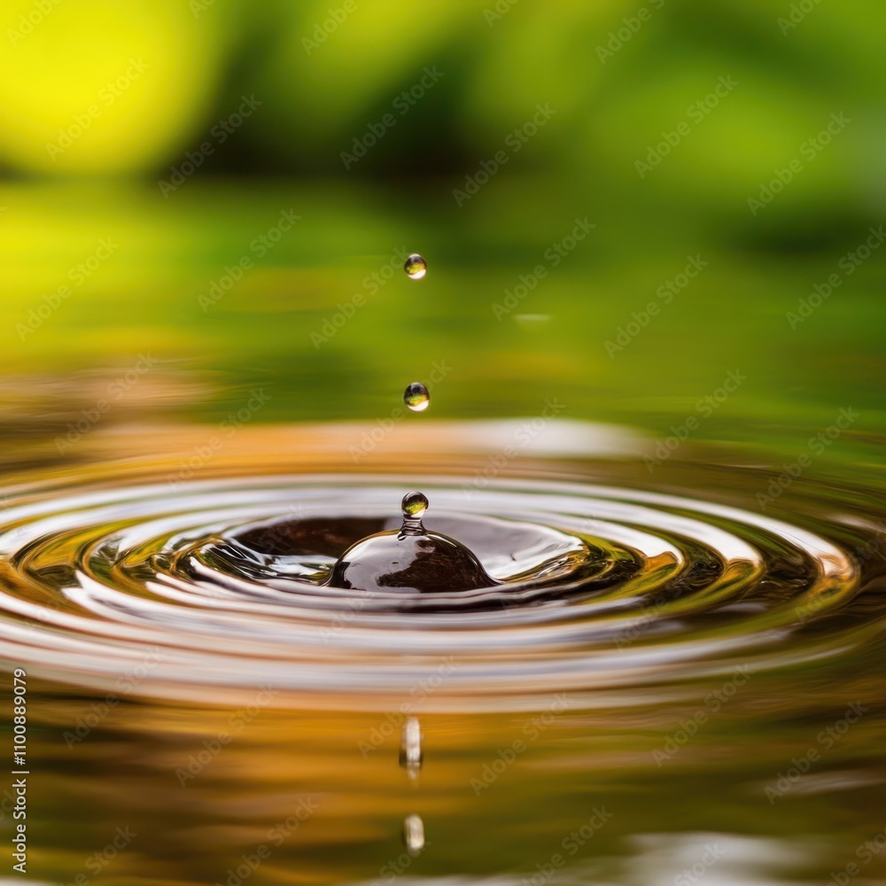 Poster captivating close-up of water droplet creating ripples on surface with soft green background ideal f