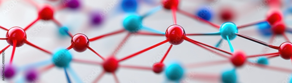 Aufkleber close-up view of colorful molecular structure with interconnected atoms in red and blue, representin
