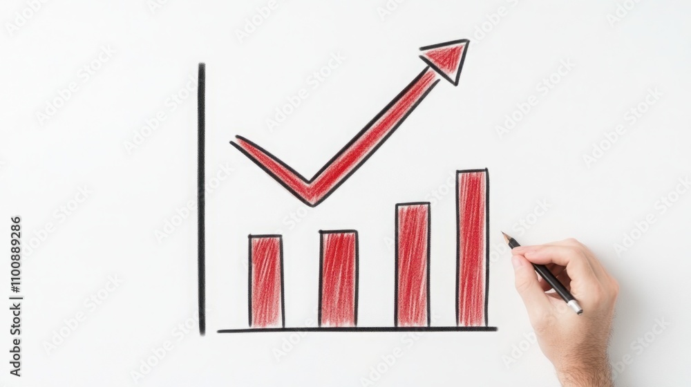 Poster hand drawing a rising graph on a white board representing business growth and success, with red bars