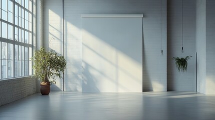Obraz premium Minimalist white room with large blank canvas, plants, and natural light. Perfect for showcasing products, designs, or creating a clean, modern aesthetic.