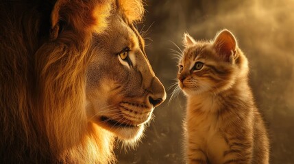Fototapeta premium Majestic Lion Stares At Cute Kitten In A Heartwarming Moment Capturing The Beauty Of Nature And The Bond Between Wild And Domestic Animals