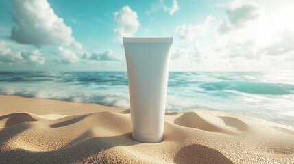 Blank white tube on sand beach background natural sun light mock up hand cream sun cream, White Cosmetic Tube on Sandy Beach Background, Orange sunscreen tube, minimalist, clean design, standing 