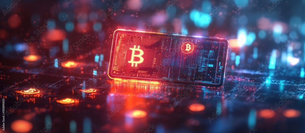 Poster a glowing bitcoin symbol on a digital screen with abstract red and blue lights in the background.