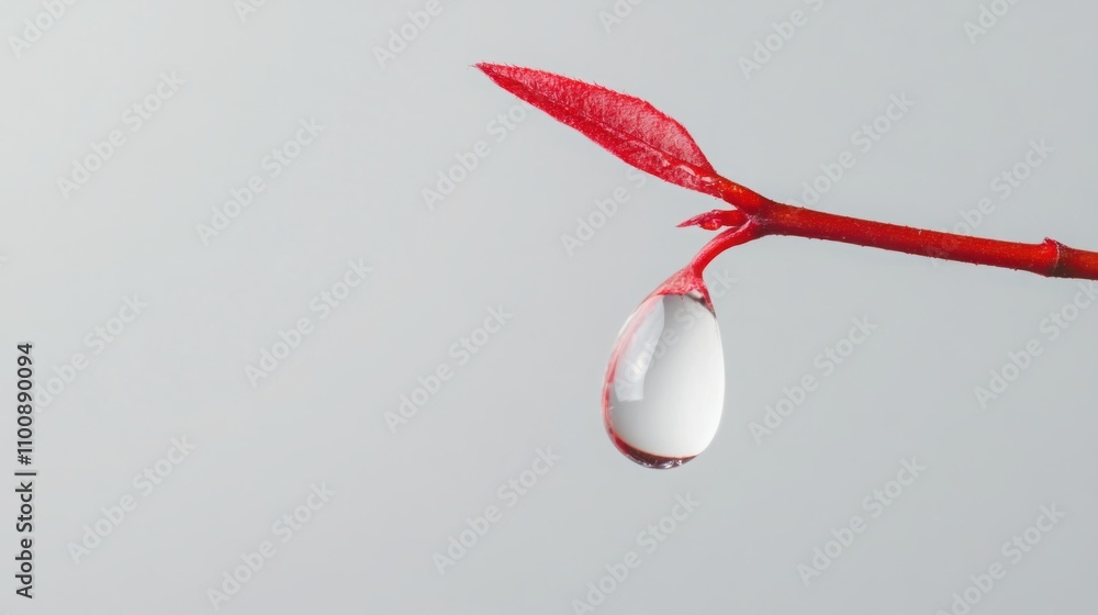 Poster close-up of a single leaf with a droplet of water hanging from its tip against a soft grey backgroun