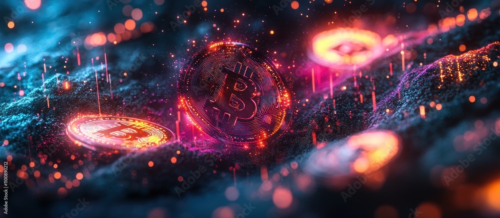 Poster abstract 3d rendering of a bitcoin cryptocurrency coin with a glow effect.