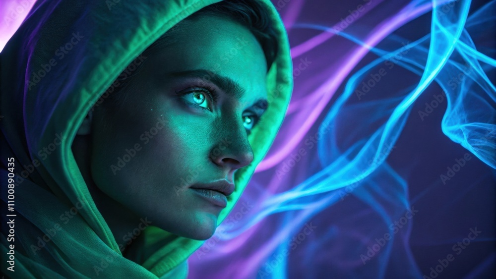 Aufkleber a closeup of a person with piercing eyes surrounded by a soft neon green light. the background consi