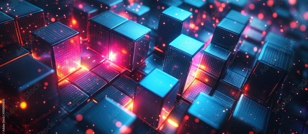 Poster abstract background of blue and red glowing cubes with a pattern of glowing dots.
