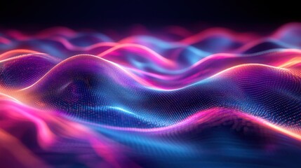 Abstract digital wave pattern in pink, blue and orange hues on a dark background.