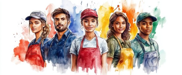 Fototapeta premium Diverse Group of Workers in Watercolor Style Illustration