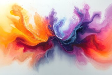 Fototapeta premium Abstract art with vibrant colors of orange, red, purple, and blue blending and flowing on a white background.