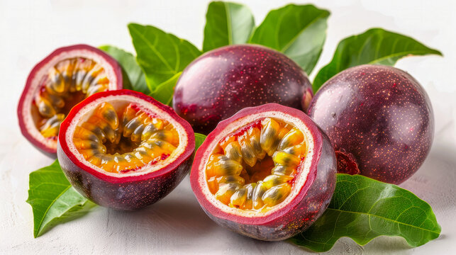 Ripe dark purple passion fruits (Passiflora edulis) with juicy seeds and lush green leaves on a light background