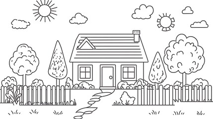 Black outline children’s drawing of a house, trees, sun, clouds, and fence on a white background; perfect for kids’ coloring activities