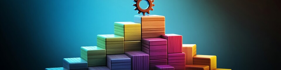 A dynamic arrangement of wooden blocks ascending with a gear crowning the structure colorful and vivid