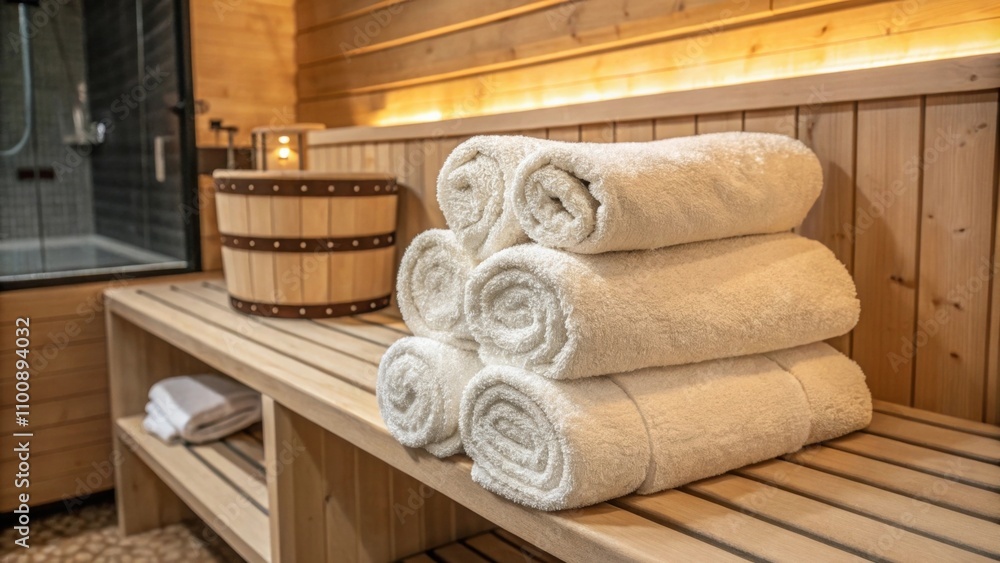 Poster luxurious fluffy towels neatly folded on a nearby shelf provide an inviting touch ready for use afte