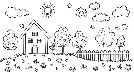 Black outline children’s drawing of a house, trees, sun, clouds, and fence on a white background; perfect for kids’ coloring activities