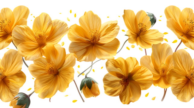 High-resolution illustration of a hand-drawn yellow cosmos flower in horizontal alignment, showcasing detailed petals and stamens on a white background to emphasize its vibrant color.