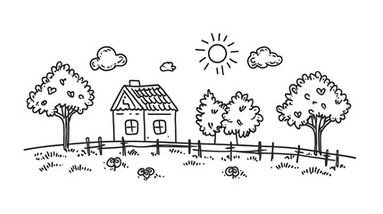 Cute children&rsquo;s drawing with black outlines of a house, trees, sun, clouds, and fence on a white background