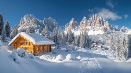 Fototapeta premium A serene winter landscape featuring a wooden cabin surrounded by snow-covered mountains and trees.