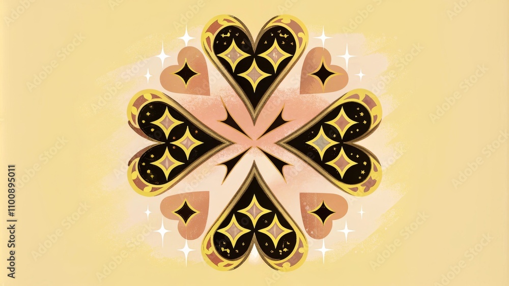 Poster geometric heart pattern with stars on soft yellow background