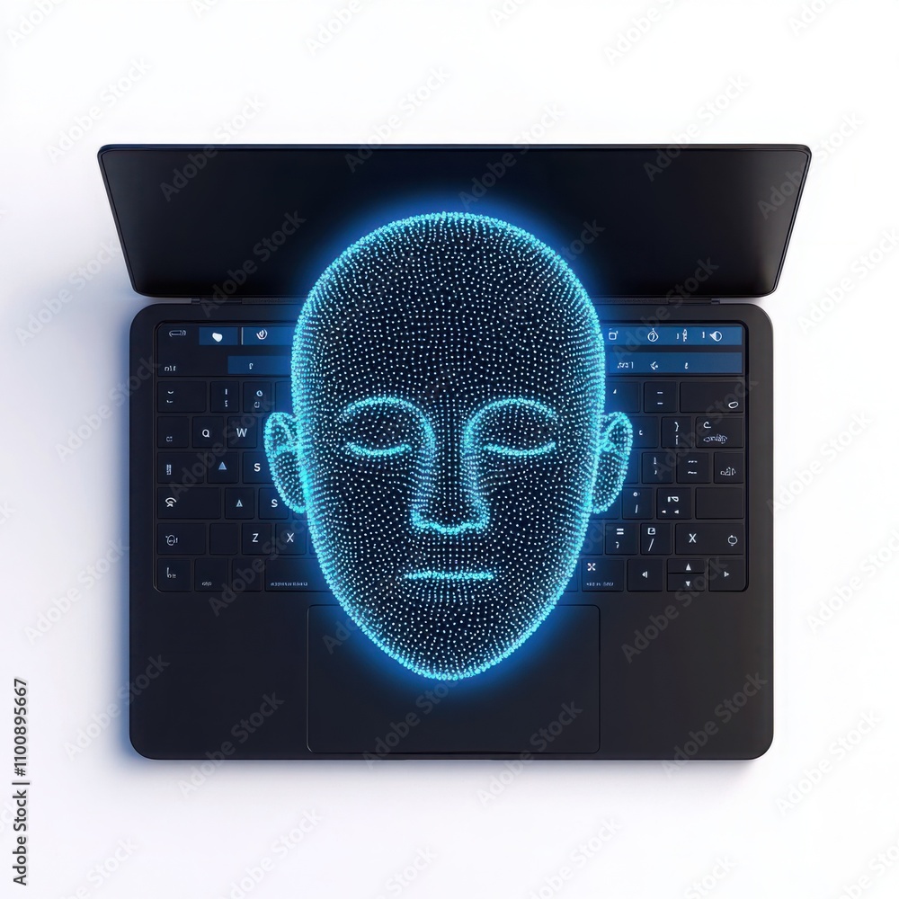 Aufkleber digital human face emerging from laptop, concept of artificial intelligence and technology integrati