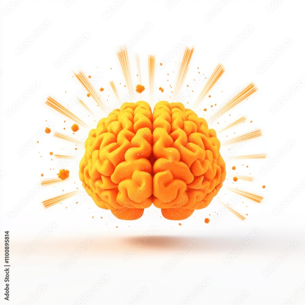 Poster bright orange brain design with radiating patterns illustrating creativity and innovation in a moder