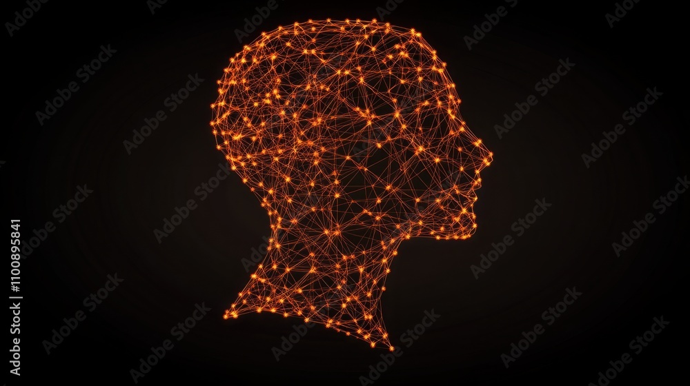 Aufkleber abstract representation of a human head composed of bright orange nodes and lines on a black backgro