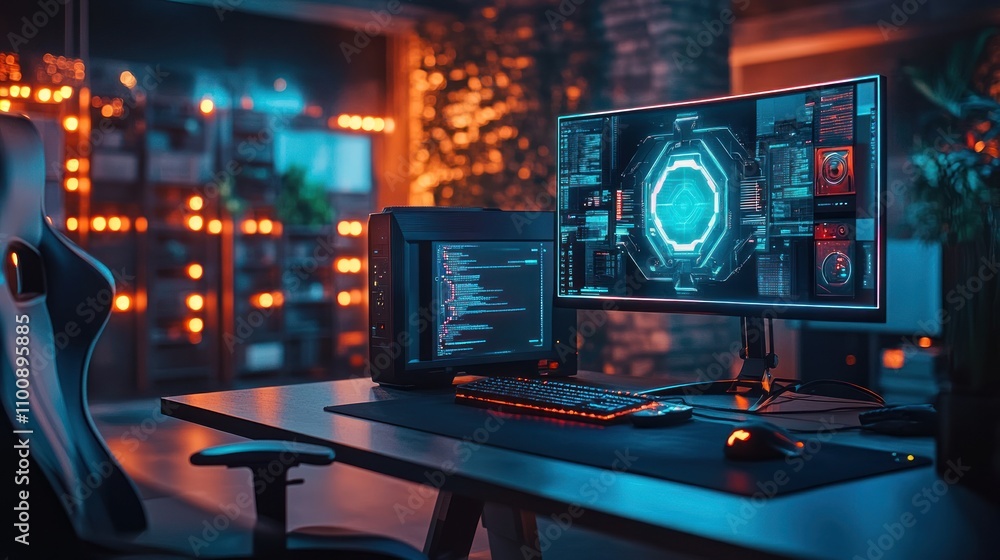 Poster a modern gaming setup with a computer, keyboard, and mouse on a desk in a dark room with a gaming ch