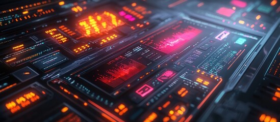 Fototapeta premium Futuristic digital interface with glowing lights and abstract patterns.