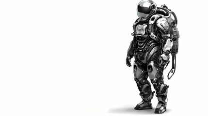 Space suit with integrated biomechanical components, featuring a fusion of human and machine elements for enhanced mobility and functionality. Biomechanical. Illustration