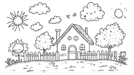 Whimsical children’s drawing with a house, trees, sun, clouds, and fence in black outline on a white background