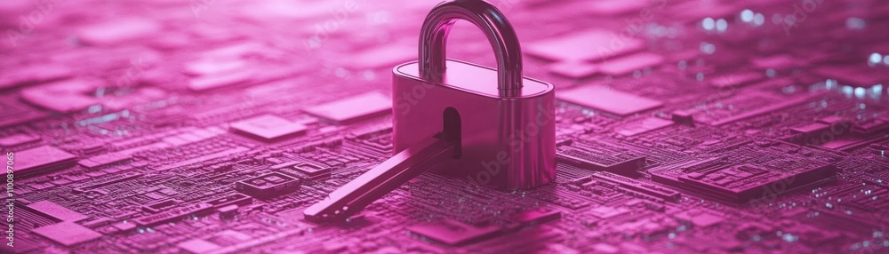 Aufkleber digital security concept featuring a metallic padlock with a key on a futuristic circuit board backg