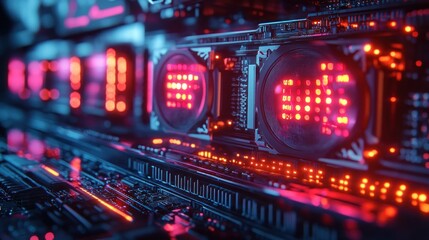 Obraz premium Closeup of a futuristic server rack with glowing red lights.